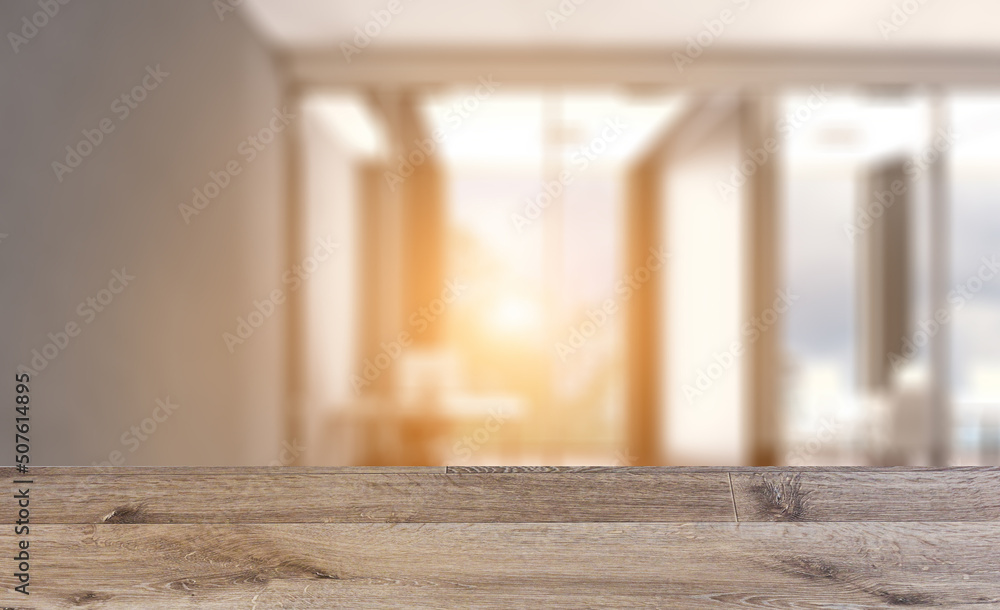 Fototapeta premium Modern office building interior. 3D rendering.. Sunset.. Background with empty wooden table. Flooring.
