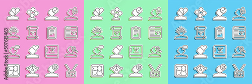 Set line Psychology, Finding a problem in psychology, Online psychological counseling, Yin Yang symbol, book, Concussion, headache, Broken heart or divorce and Psychological test icon. Vector