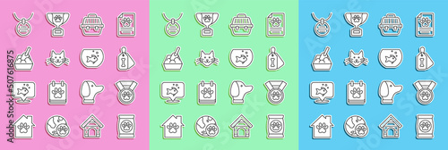 Set line Bag of food for pet, Pet award symbol, Dog collar with bone, carry case, Cat, litter tray shovel, Collar name tag and Aquarium fish icon. Vector