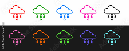 Set line Cloud with rain icon isolated on black and white background. Rain cloud precipitation with rain drops. Vector