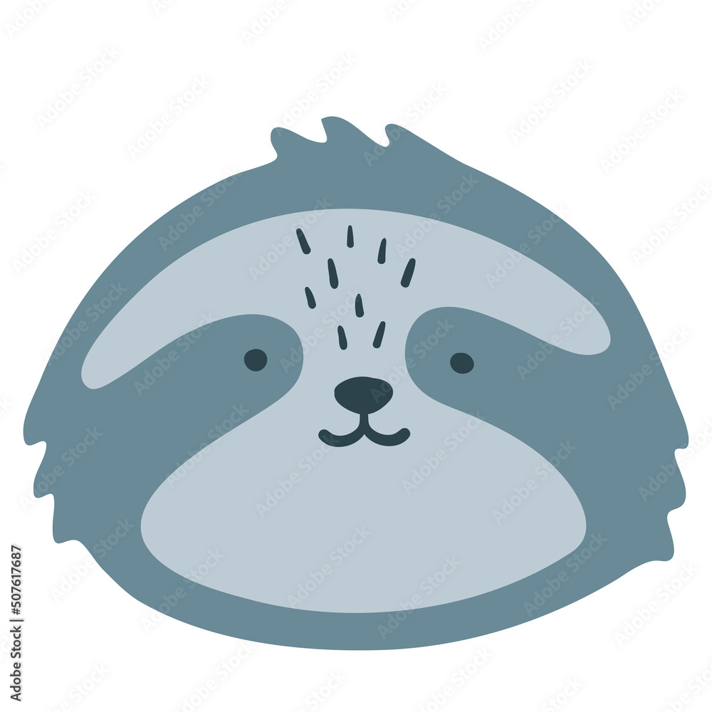 Сute sloth funny animal face, head. Сartoon isolated muzzle. Vector illustration for print on children's clothing, greeting cards, nursery, stickers, stationery, room decor Сute sloth funny animal face, head. Сartoon isolated muzzle. Vector illustration for print on children's clothing, greeting cards, nursery, stickers, stationery, room decor