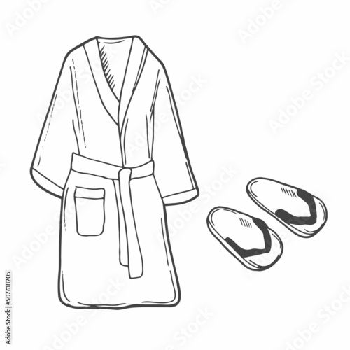 Robe for the shower and slippers, doodle style, sketch illustration, hand drawn vector