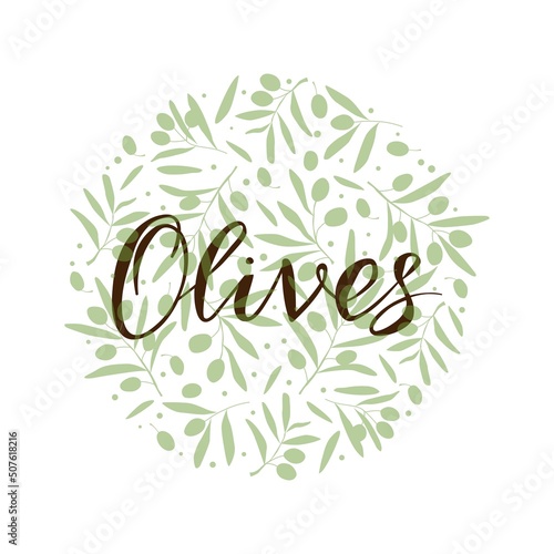 Round frame of olive branches with lettering. Vector template for logo, label, card, invitation, banner or poster for essential oil products or organic cosmetics.
