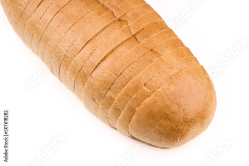Sliced loaf of wheat bread isolated on white. Sliced bread in plastic bag. 