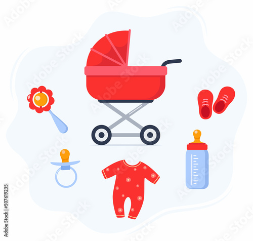 Newborn girl things. Elements for baby upbringing. Collection of bottle, sliders, pacifier, rattle, booties. Vector illustration.