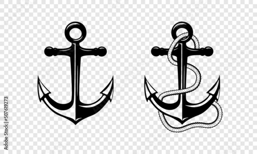 Vector Hand drawn Anchor Icon Set Isolated. Design Template for Tattoos, Tshirt, Logo, Labels. Anchor with Rope. Antique Vintage Marine Anchors