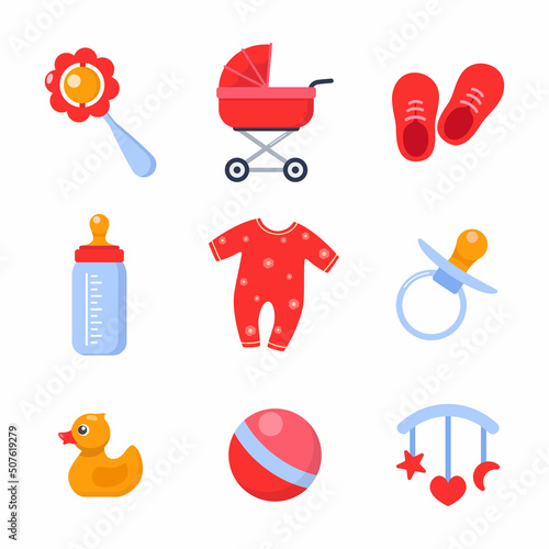 Newborn girl things, set. Elements for baby upbringing in pink color. Collection of rosy clothes, Collection of bottle, sliders, pacifier, rattle, booties, colorful toys. Vector illustration.