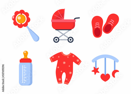 Newborn girl things, set. Elements for baby upbringing in pink color. Collection of rosy clothes, Collection of bottle, sliders, pacifier, rattle, booties, colorful toys. Vector illustration.