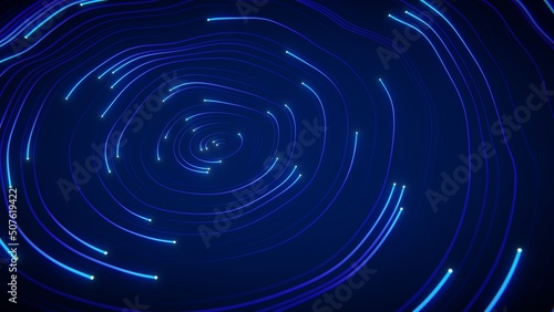 A swarm of white glowing dots with blue tail tracks moving in a circle 3d render with glow 
