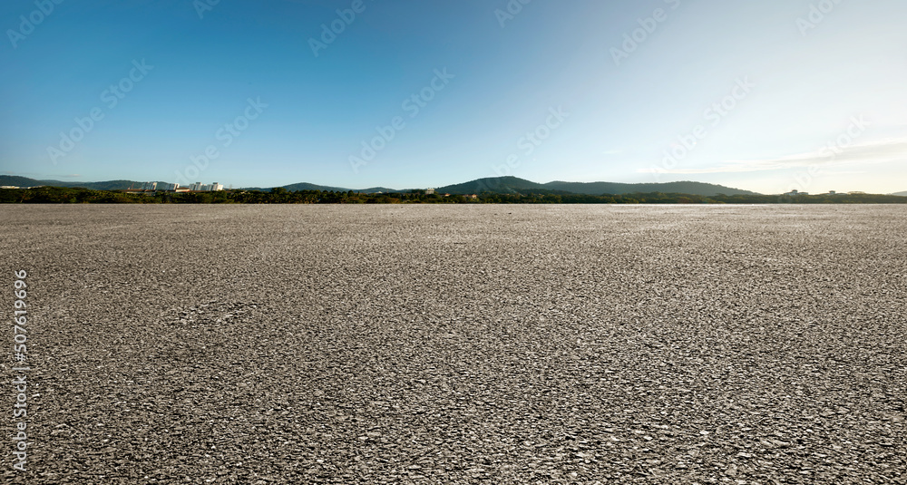 Panorama big field view of asphalt road with sky landscape . - obrazy, fototapety, plakaty 