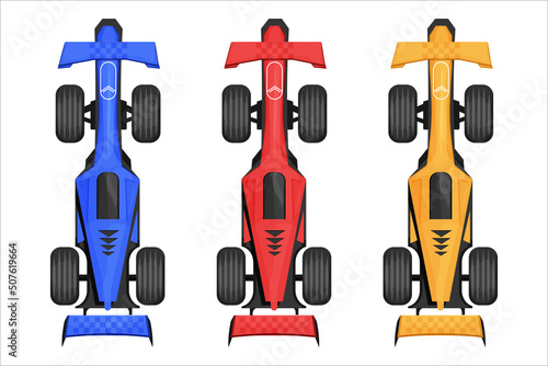 Set racing car, sport vehicle top view in cartoon style isolated on white background. Formula bolid detailed drawing, above, aerial.