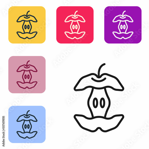 Black line Apple core icon isolated on white background. Bitten apple symbol. Apple stub silhouette. Biodegradable garbage sign. Set icons in color square buttons. Vector