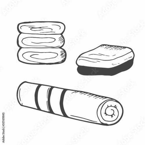 Set of hand drawn bath and kitchen towels. Sauna and spa concept