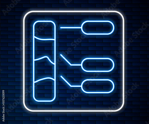 Glowing neon line Agricultural soil test and results icon isolated on brick wall background. Digital soil analysis. Vector