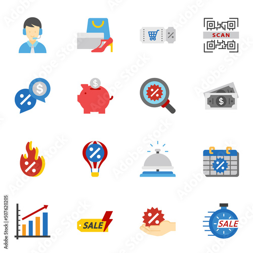 Sales and shopping flat color icons set 1 with white background.