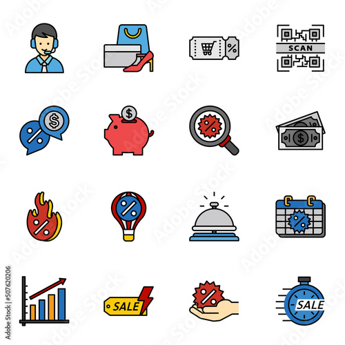 Sales and shopping colored outline icons set 1 with white background.