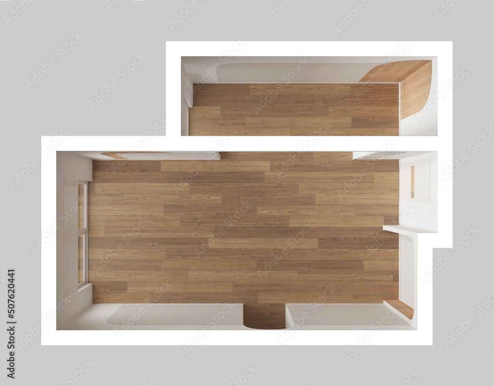 Empty room interior design, open space with oak parquet floor, arched walls with wooden decors, windows and doors, modern architecture concept idea. Top view, plan, above Empty room interior design, open space with oak parquet floor, arched walls with wooden decors, windows and doors, modern architecture concept idea. Top view, plan, above