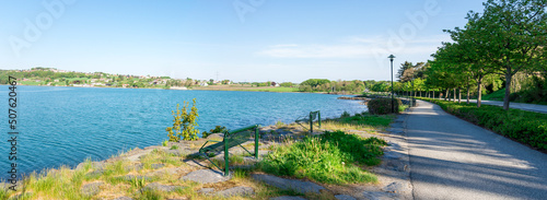 Panoramic view of Hafrsfjord bay and a footpath leading to the Sword in Rock monument, Stavanger, Norway, May 2018
