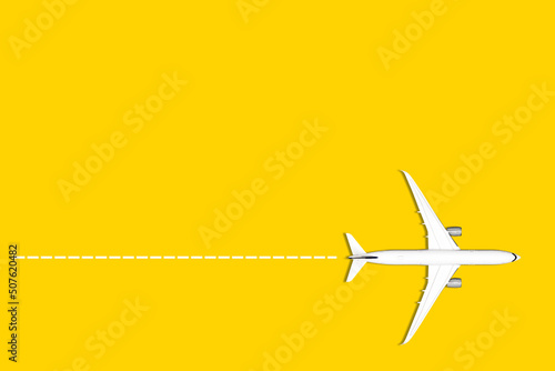 Flat lay design of travel concept with plane on dotted line yellow background