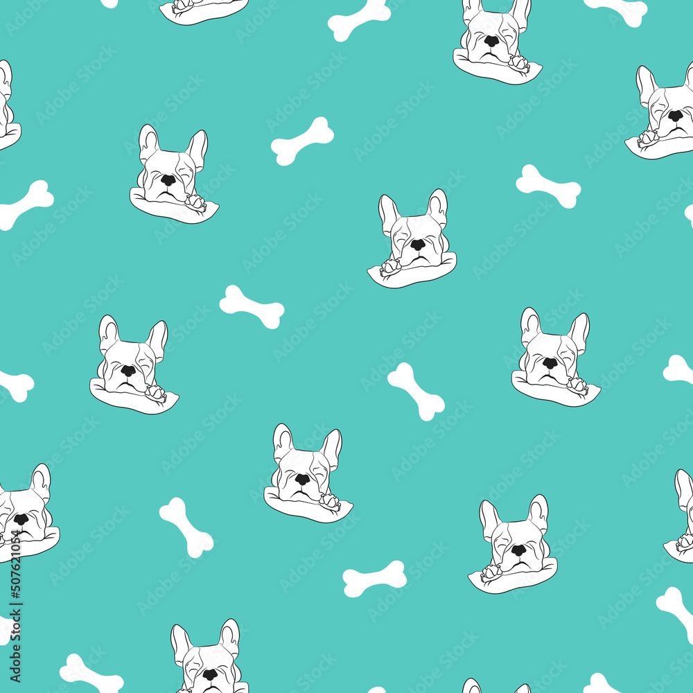 Dog seamless pattern. French bulldog and bone. Graphic design for children, textiles, packaging, prints and wallpapers. Dog seamless pattern. French bulldog and bone. Graphic design for children, textiles, packaging, prints and wallpapers.