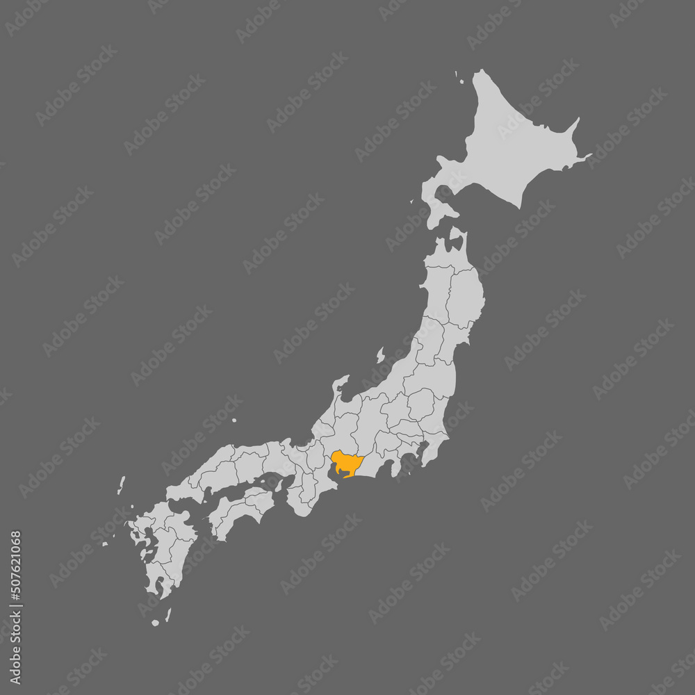 Aichi prefecture highlighted on the map of Japan