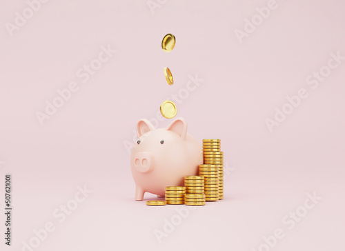 Pink piggy bank and US dollar coins falling on pink background for money saving and deposit concept , creative ideas by 3D rendering technique.