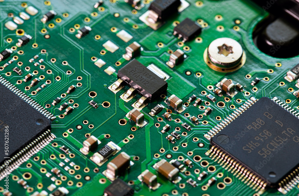 Macro Close up of components and microchips on PC circuit board Macro Close up of components and microchips on PC circuit board