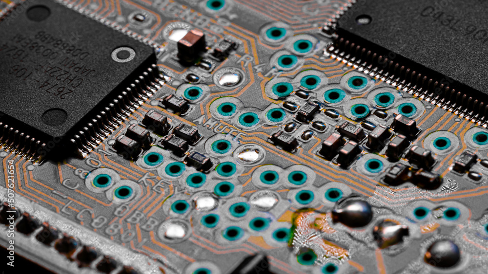 Macro Close up of printed wiring on PC circuit board. Macro Close up of printed wiring on PC circuit board.