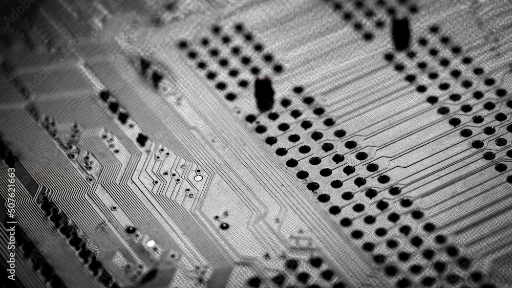 Macro Close up of printed wiring on PC circuit board.. Macro Close up of printed wiring on PC circuit board..