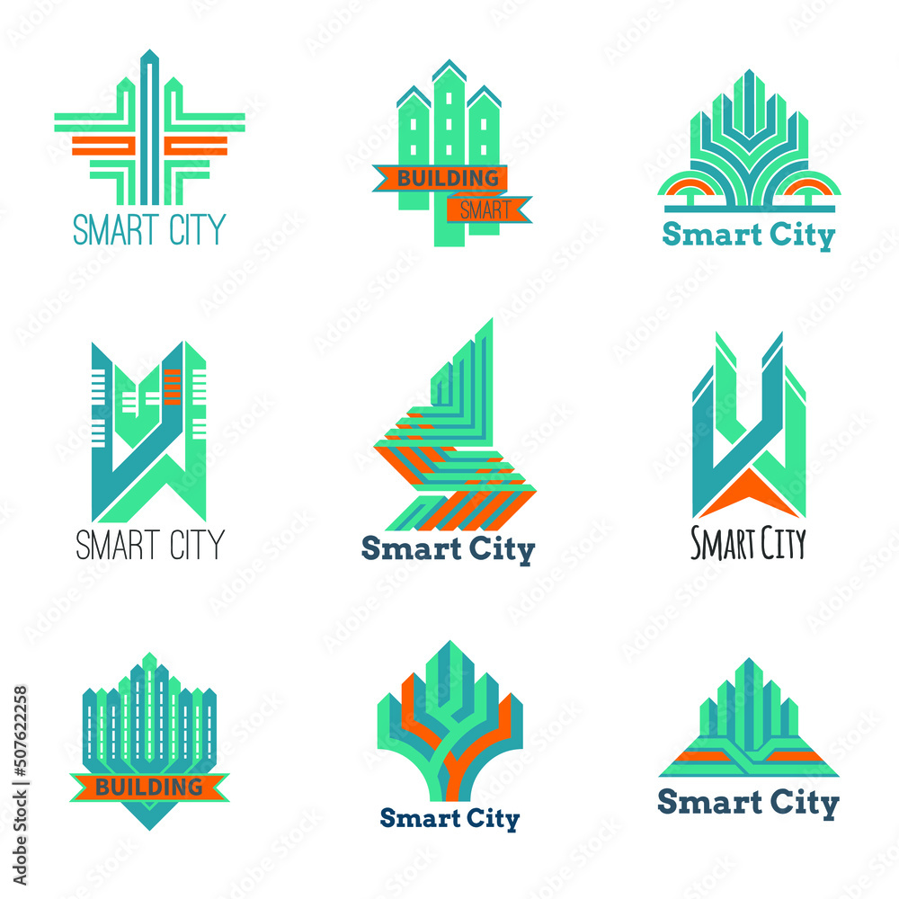 Smart City Symbols. Technologically modern urban area sings. Vector set buildings silhouette icons. Color real estate, city and skyline, bridges and roads vector illustration.