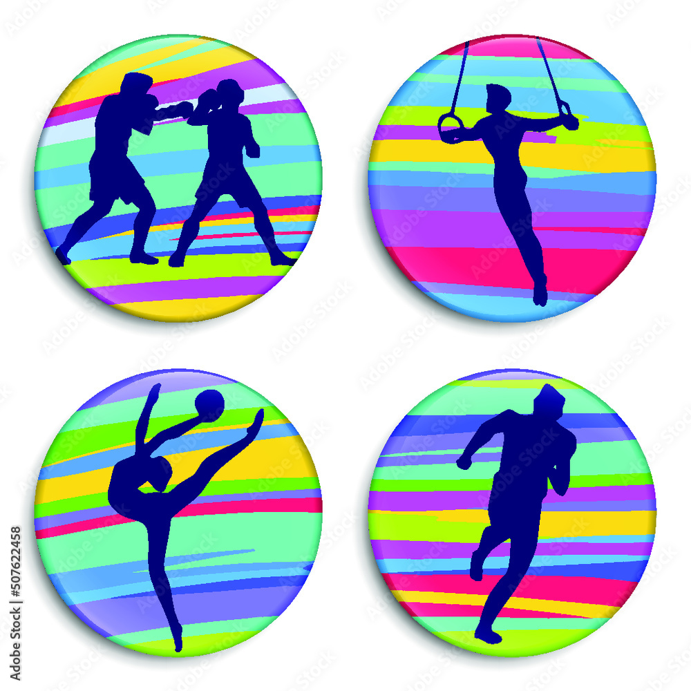 Gymnast with ball. Gymnast on rings. Boxing. Running man. Sport of athletics. Sport Figure Sticker. 3D Button. Modern style. Color medals. Summer sports game series labels, logo, badges, icons. Vector