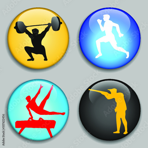 Weightlifter. Gymnast on the pommel horse. Running man. Sport of athletics. Shooter. Summer Sport Sticker. 3D Buttons. Modern style. Medals. Summer sports game series labels, badges, icons. Vector