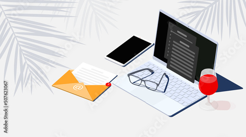 3d white laptop with yellow e-mail and a glass of red wine. Isometric mail vector illustration. Sending and receiving letters. Transparent document with notice