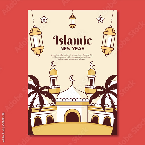 Hand drwan flat islamic new year poster template