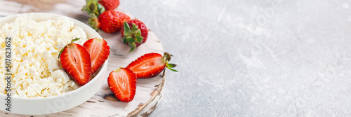 Cottage cheese with strawberry. Banner. Copy space