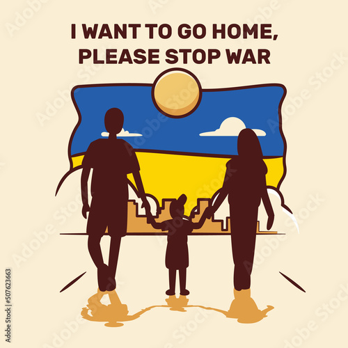 Hand drawn flat I want to go home, please stop war in ukraine