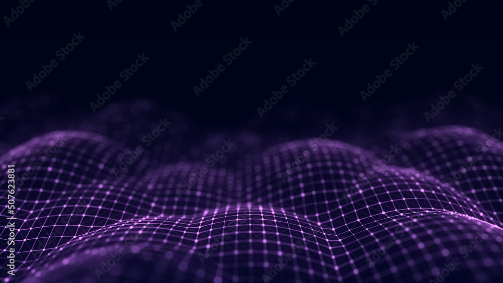Abstract futuristic wave with moving dots. Flow of colored particles and lines. Cyber technology illustration. Big data visualization. 3d rendering