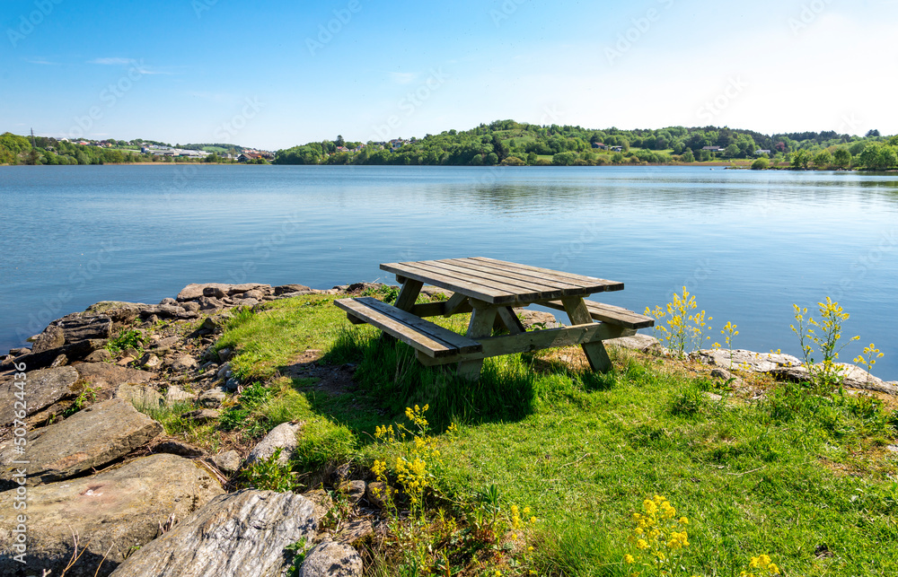 A scenic picnic spot on shores of Halandsvatnet lake, Stavanger, Norway, May 2018