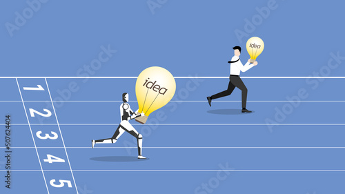 Business idea competition, contest,  rivalry with cyber technology concept. A leader businessman and a robot with a bigger light bulb are competing opponents. Human versus cyborg run on a racetrack. 