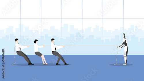 Business competition with cyber technology concept, A Robot and human employees teamwork fighting a tug of war rope. Future of controversial, confrontation, and contest of career competing at work.