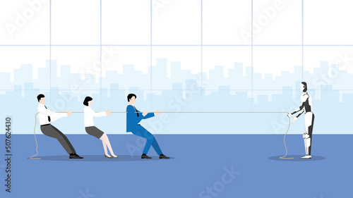Business competition with cyber technology between cyborg and human. Leadership boss and employee teamwork fighting a tug of war rope with a robot. Confrontation and contest of career postion at work.