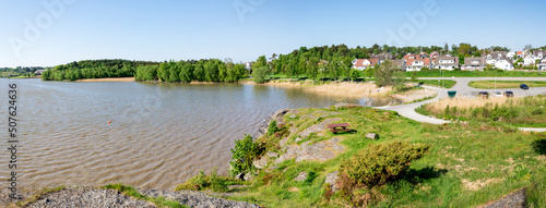 Obraz na płótnie Panorama of Halandsvatnet lake coastline from a viewpoint hill next to the main car park, Stavanger, Norway, May 2018 w salonie