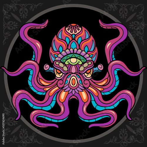 Colorful octopus kraken zentangle arts. isolated on black background.