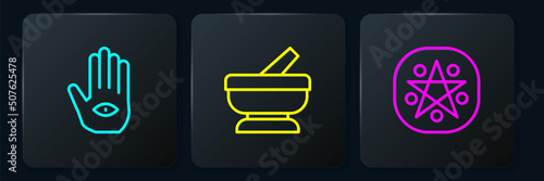 Set line Hamsa hand, Pentagram in circle and Mortar pestle. Black square button. Vector