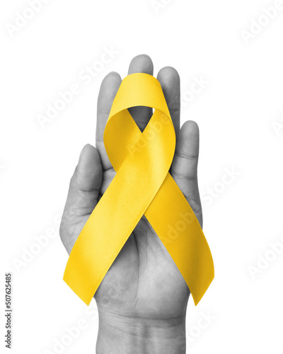 Sarcoma Bone Cancer ribbon awareness with yellow bow color isolated on white background for bladder cancer, and World Suicide Prevention Day