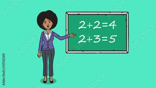 Cartoon styla animation of proffesor standing in front of chalkboard and talking. Animation is in easy to edit loop. photo