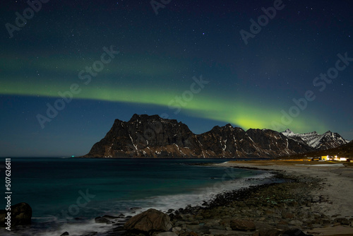 aurora bolrealis, sea and mountain