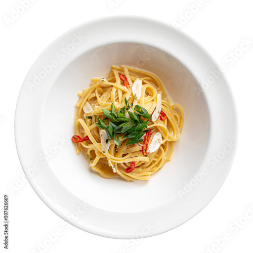 Isolated portion of italian linguine aglio e olio pasta