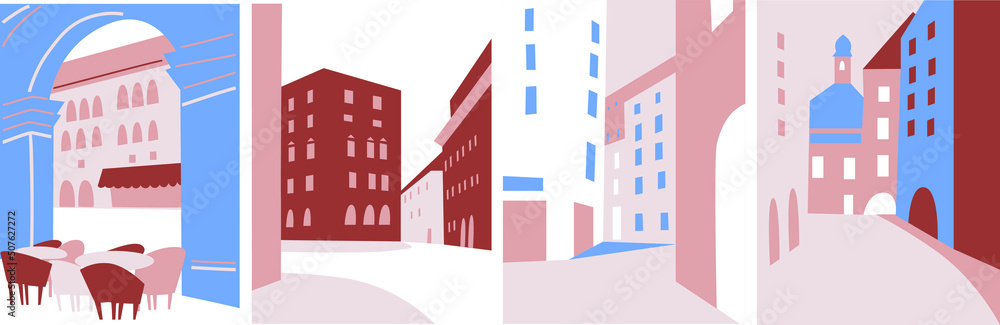 Urban landscape drawing vector. Simple and cozy street, cafe, people, house. Abstract architecture four banner. Cartoon vector buildings illustration.Trendy homes with windows, roof and people.