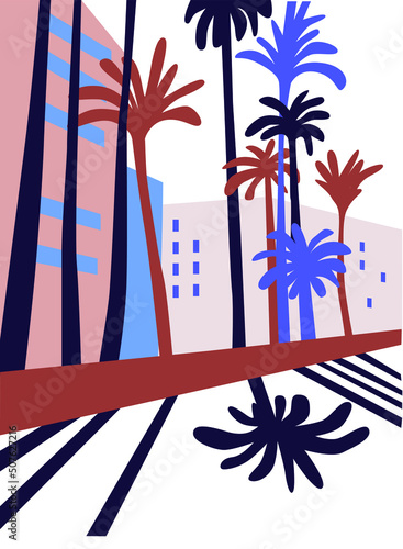 Urban landscape drawing vector. Simple and cozy street, palm. Abstract palms background geometric style. Cartoon vector palms illustration.
